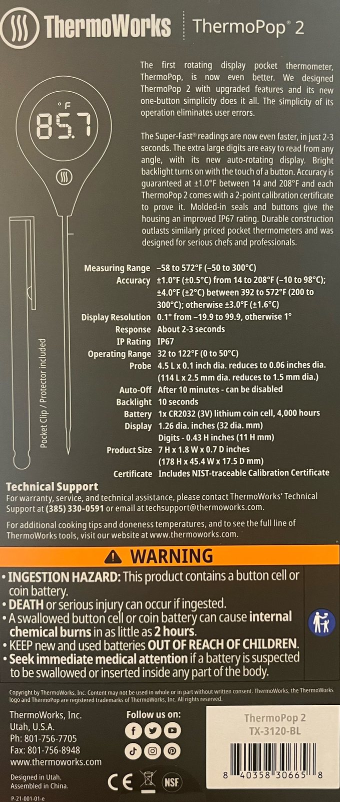 Back of the ThermoPop 2 box with full specifications