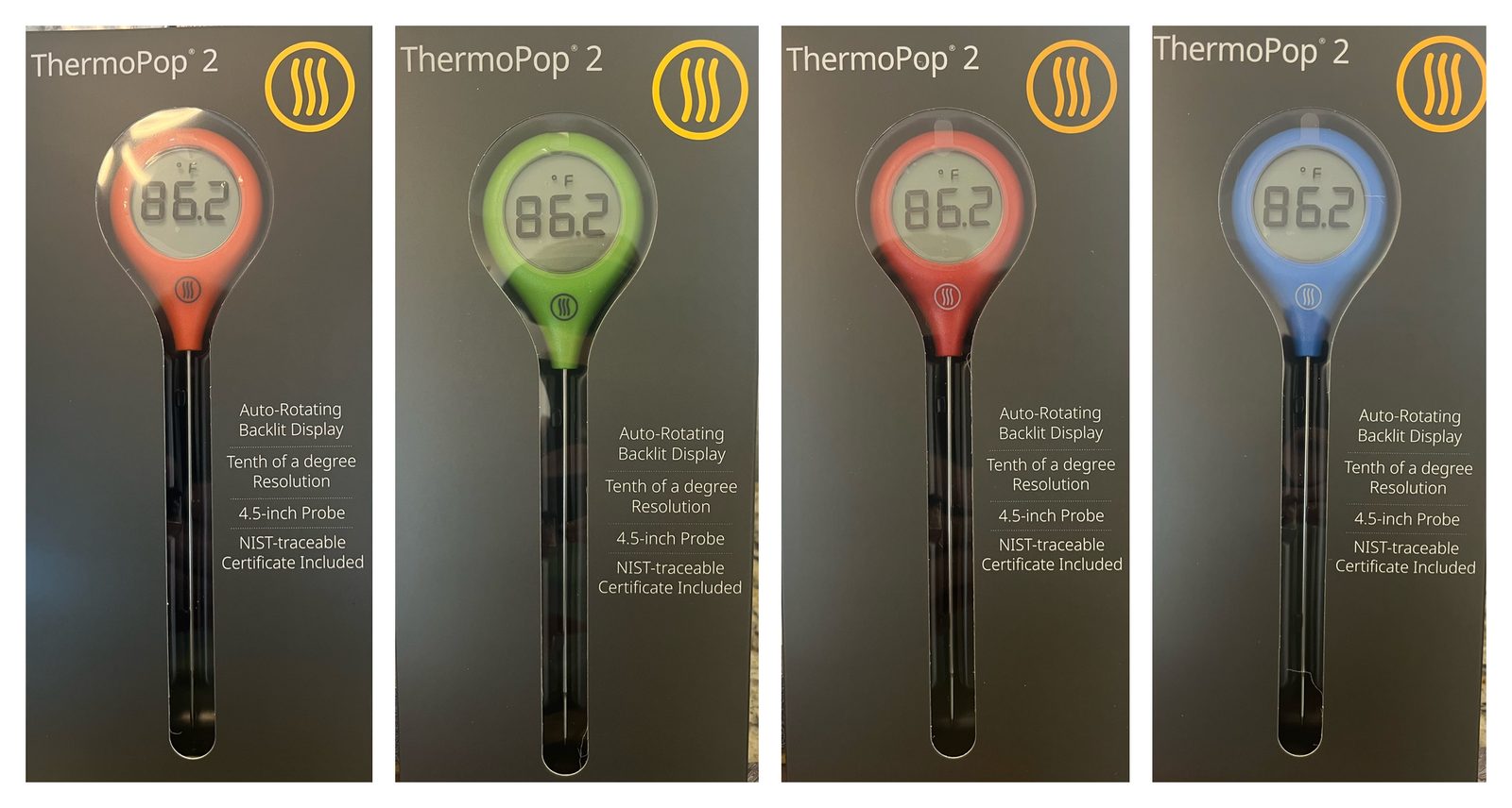 ThermoWorks ThermoPop 2 thermometers in orange, green, red, and blue